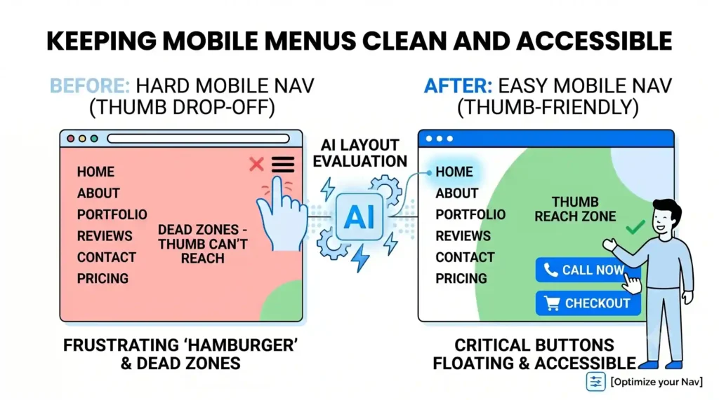 A vector diagram showing a mobile screen with hard-to-reach top corner "dead zones" vs an AI-optimized layout with floating, thumb-friendly call-to-action buttons at the bottom.
