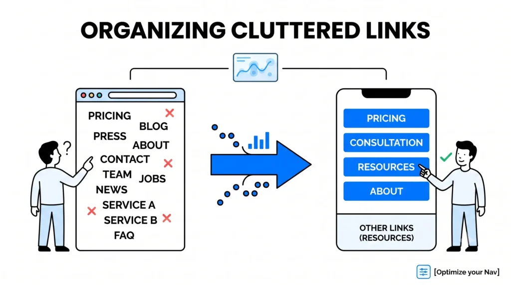 A vector graphic showing a confused user pointing at a long, cluttered list of website links vs a satisfied user pointing to a streamlined, 4-item mobile menu.