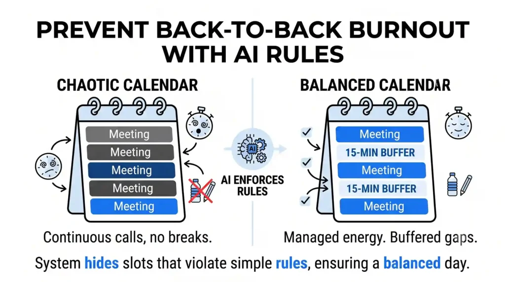 A side-by-side calendar comparison showing a chaotic schedule without breaks versus a balanced day managed by AI rule buffers.