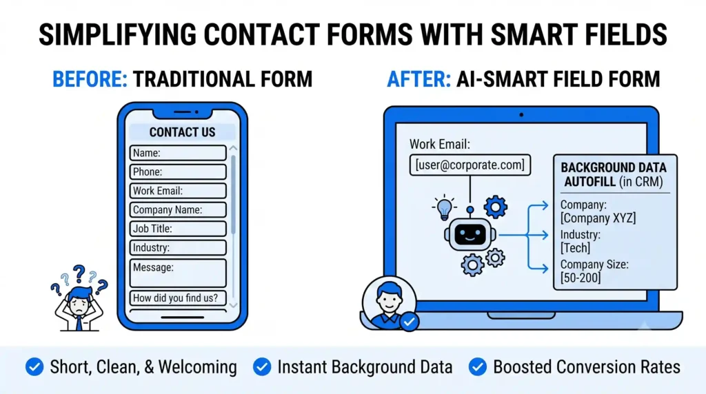 A section graphic titled "SIMPLIFYING CONTACT FORMS WITH SMART FIELDS." Side-by-side comparison shows a long, frustrating traditional form on a mobile screen versus a short AI-smart form on a laptop that automatically cross-references and autofills background data into a CRM.
