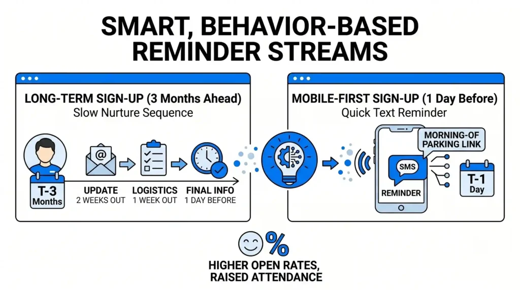 A flowchart illustrating how AI analyzes user behavior to create custom reminder sequences, contrasting a 3-month slow email nurture stream for long-term signups with a morning-of SMS parking link for mobile users (Behavior-Based Streams).
