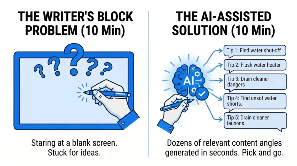 Comparison showing a hand with writer's block vs. an AI brain generating dozens of ideas instantly.
