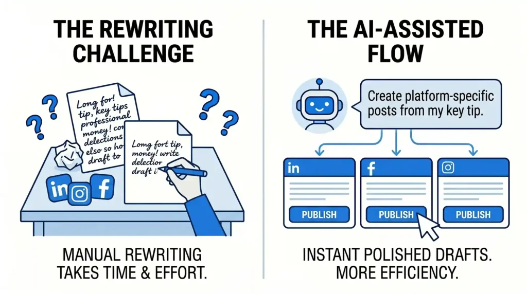 Comparison showing a hand struggling to rewrite posts manually vs. an AI assistant generating polished, platform-specific drafts efficiently.