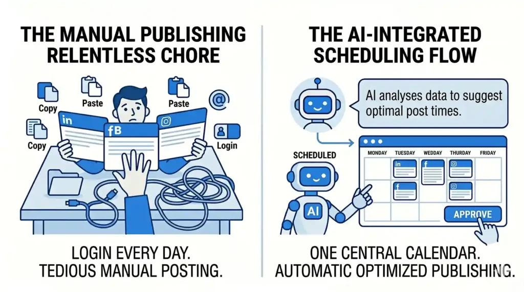 Comparison showing a person overwhelmed by manual posting chores vs. an AI assistant generating a single central calendar with optimized post times.