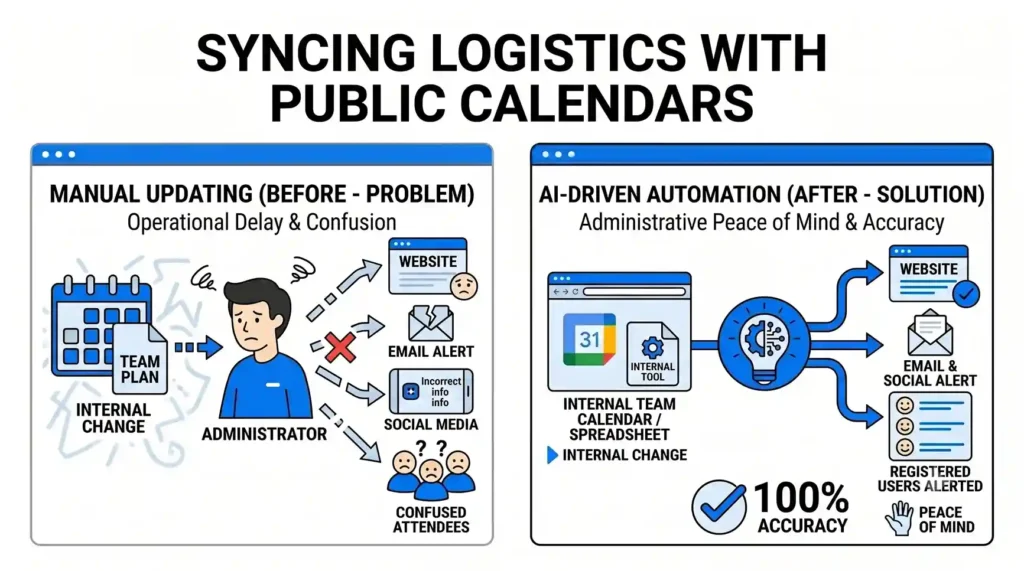 A diagram showing a frustrated administrator manually updating websites, emails, and social media after an internal schedule change (Problem) versus AI acting as a bridge, automatically updating all public channels and alerting attendees instantly (AI-Driven Automation).