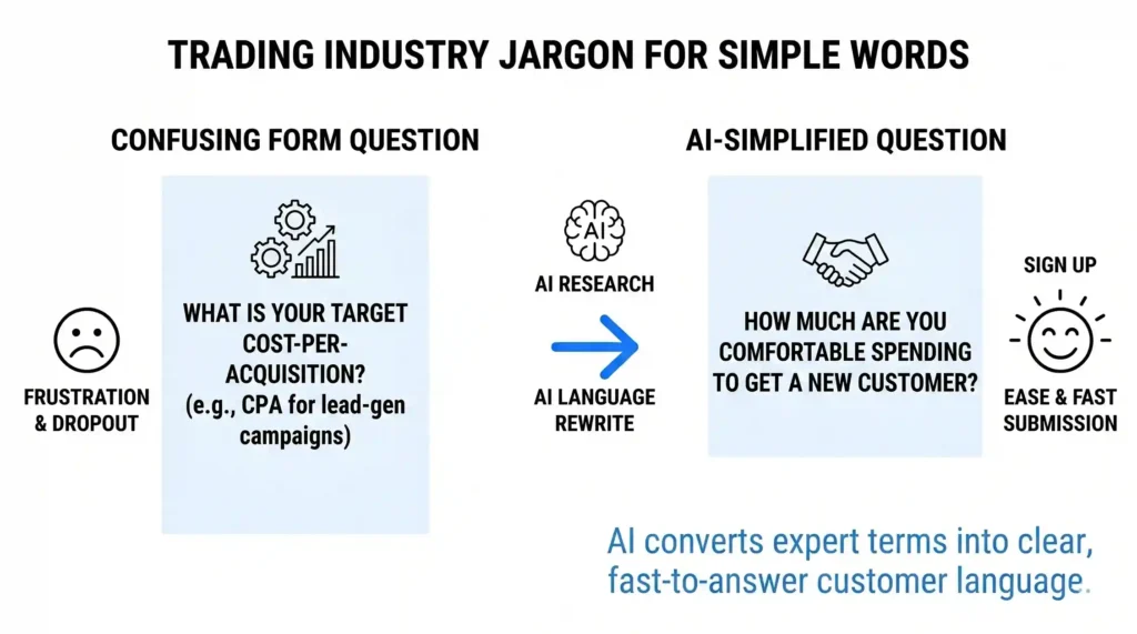 An infographic showing how AI rewrites a confusing, technical marketing question into clear, everyday language to prevent user dropouts.