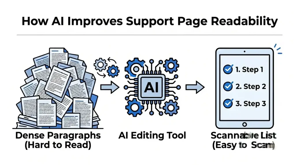 Minimalist horizontal infographic titled "How AI Improves Support Page Readability". It displays a messy stack of dense, hard-to-read text paragraphs transforming through an AI editing tool into a clean, highly scannable 3-step numbered checklist on a mobile tablet.