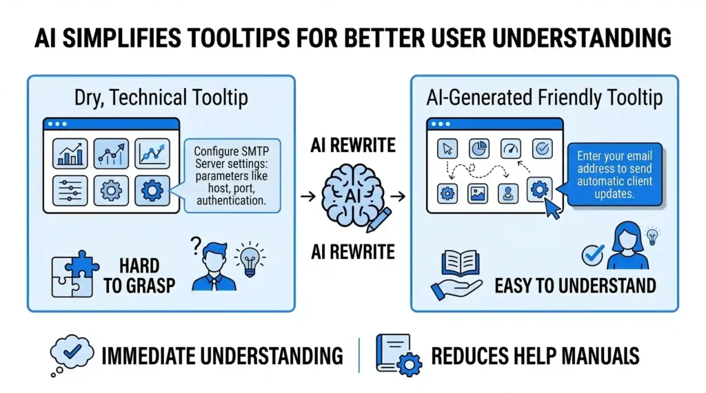 Horizontal diagram titled "AI SIMPLIFIES TOOLTIPS FOR BETTER USER UNDERSTANDING". A side-by-side comparison shows a complex, technical tooltip on the left labeled "Hard to Grasp" being rewritten by a central AI brain graphic into a simple, clear tooltip on the right labeled "Easy to Understand."