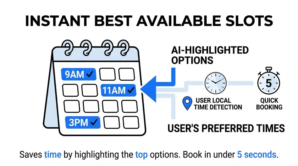 A minimal vector diagram showing a calendar with top available slots automatically highlighted by AI for quick selection.