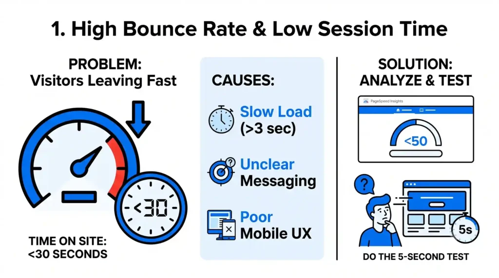 Infographic "1. High Bounce Rate & Low Session Time" showing visitors leaving fast due to slow page load times over 3 seconds, unclear messaging, and poor mobile UX, with average time on site under 30 seconds. The solution panel recommends analyzing with PageSpeed Insights and running a 5-second test on messaging clarity.