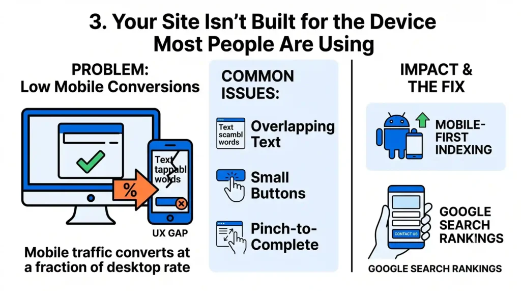Infographic "3. Your Site Isn't Built for the Device Most People Are Using" showing low mobile conversions caused by overlapping text, small buttons, and pinch-to-complete forms on mobile screens versus a working desktop layout. The fix panel highlights mobile-first indexing and its impact on Google search rankings. Caption reads "Mobile traffic converts at a fraction of desktop rate."
