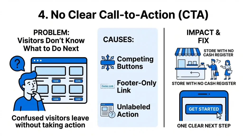 Infographic "4. No Clear Call-to-Action (CTA)" showing the problem of visitors not knowing what to do next due to competing buttons, footer-only links, and unlabeled actions, compared to a store with no cash register. The fix panel shows a single clear "Get Started" button as one obvious next step. Caption reads "Confused visitors leave without taking action."