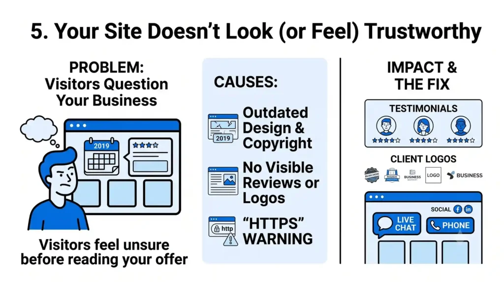 Infographic "5. Your Site Doesn't Look (or Feel) Trustworthy" showing the problem of visitors questioning a business due to outdated design, no visible reviews or client logos, and browser HTTPS security warnings. The fix panel shows testimonials with star ratings, client logos, and live chat and phone contact options to build trust. Caption reads "Visitors feel unsure before reading your offer."