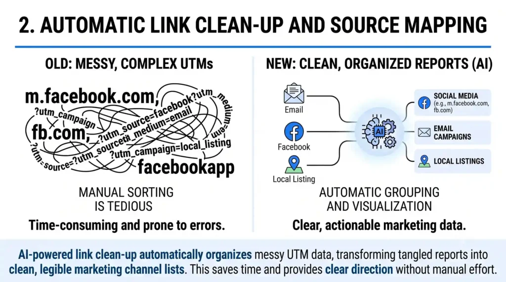 An infographics comparison titled "Automatic Link Clean-Up and Source Mapping". The left side shows a chaotic tangle of messy UTM parameters and links, while the right side shows an AI node cleanly organizing email, Facebook, and local listing traffic into neat categories.