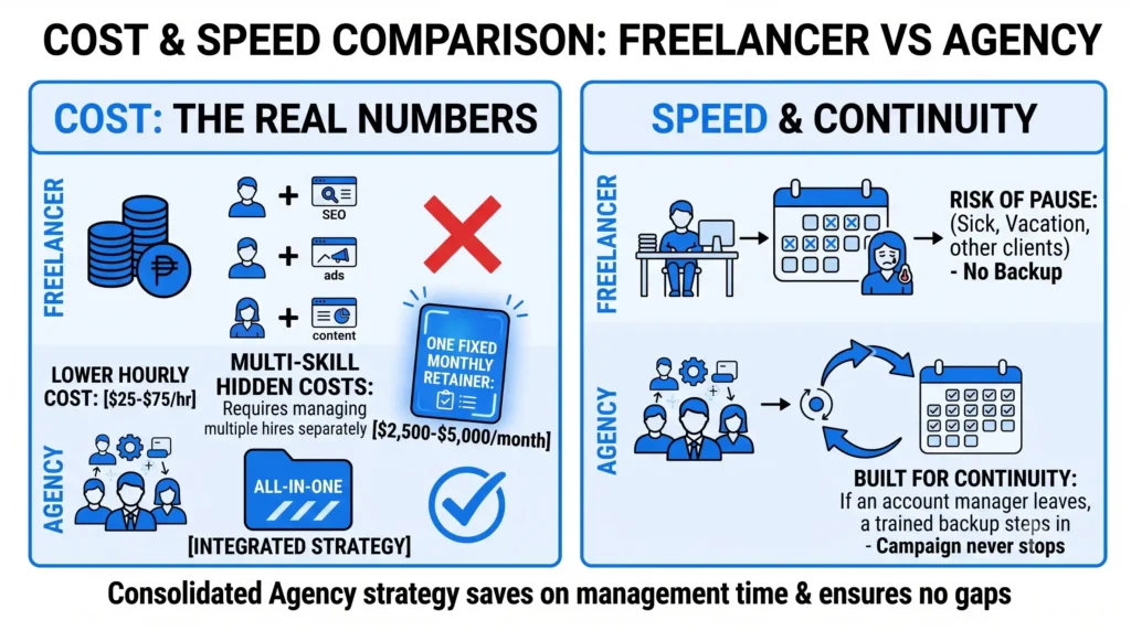 Infographic titled "Cost & Speed Comparison: Freelancer vs Agency" split into two panels. Left panel "Cost: The Real Numbers" shows a freelancer needing separate hires for SEO, ads, and content at $25-$75/hr with multi-skill hidden costs, versus an agency offering an all-in-one integrated strategy for one fixed monthly retainer of $2,500-$5,000. Right panel "Speed & Continuity" shows a freelancer working alone with risk of pause due to sickness, vacation, or other clients with no backup, versus an agency team built for continuity where a trained backup steps in if an account manager leaves so the campaign never stops. Caption reads "Consolidated agency strategy saves on management time and ensures no gaps."