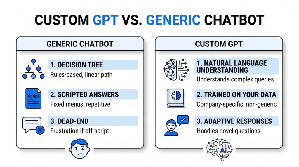 Infographic titled "Custom GPT vs. Generic Chatbot" comparing two columns. Generic chatbot column shows a decision tree with rules-based linear paths, scripted answers with fixed repetitive menus, and dead-ends causing frustration when users go off-script, illustrated with a frowning face. Custom GPT column shows natural language understanding for complex queries, training on company-specific non-generic data, and adaptive responses that handle novel questions, illustrated with an AI brain icon.