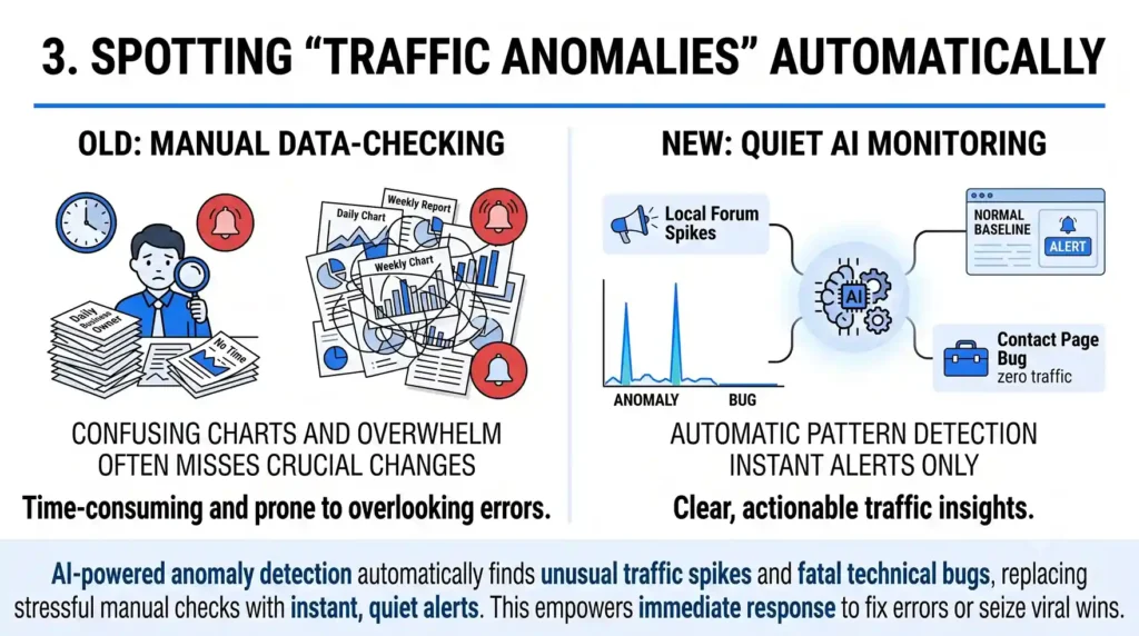 An infographics infographic titled "Spotting 'Traffic Anomalies' Automatically". The left panel shows a stressed business owner overwhelmed by complex charts, and the right panel shows a quiet AI system automatically detecting traffic spikes and page errors to send instant alerts.