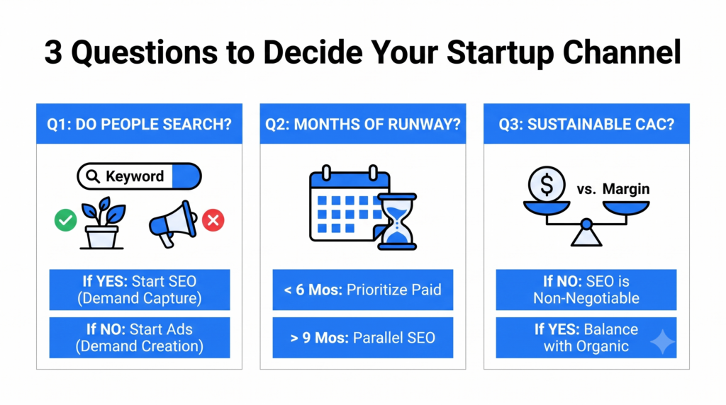 Decision framework for startups outlining 3 core questions regarding search volume, runway timeline, and target CAC to choose between SEO and paid ads.