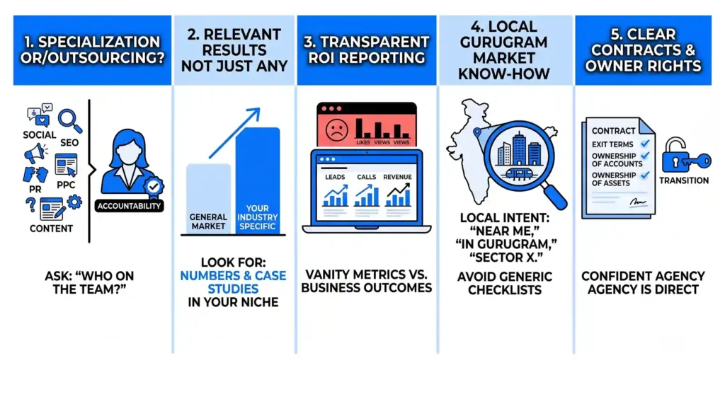 A horizontal graphic with a vertical dividing line. The left side, under a 'FULL-SERVICE' label, shows a cluttered group of diverse marketing icons with a question mark. The right side, labeled 'SPECIFIC ACCOUNT TEAM,' shows a single, focused professional icon with a name badge and checkmarks, visualizing accountability over outsourcing.