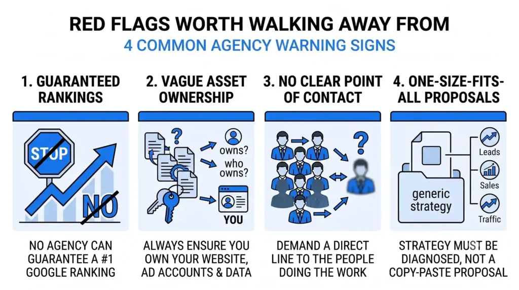 Infographic showing 4 agency red flags: guaranteed rankings, vague asset ownership, no clear point of contact, and generic proposals.