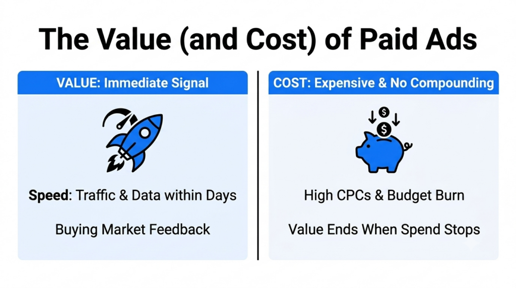 Side-by-side breakdown of paid advertising, highlighting immediate traffic gains against high costs and lack of long-term value accumulation.