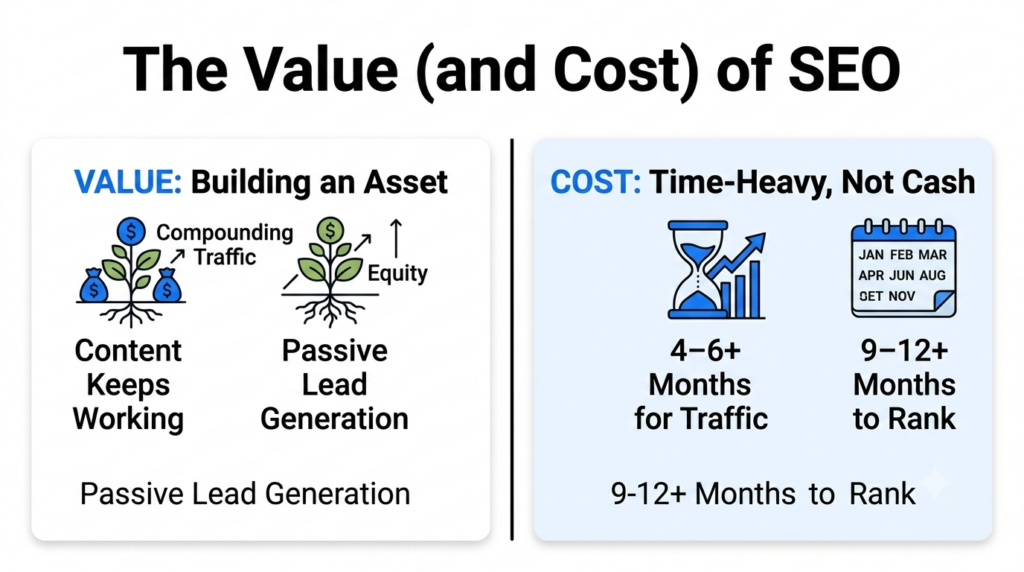 Infographic outlining SEO benefits like compounding organic traffic and passive lead generation against its major tradeoff of taking 4-12 months to rank.