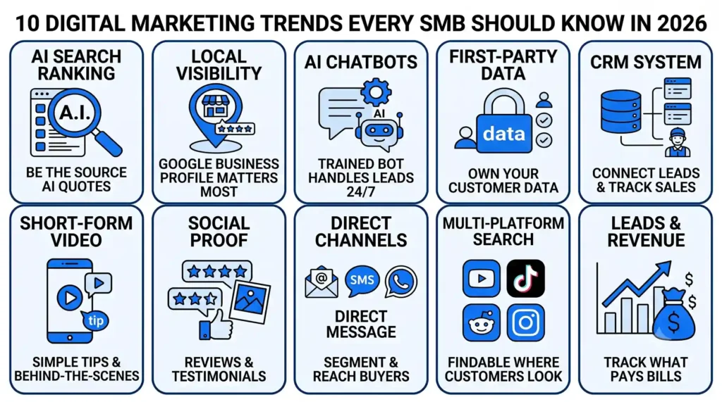 Infographic listing 10 digital marketing trends for SMBs in 2026: AI search ranking, local visibility, AI chatbots, first-party data, CRM systems, short-form video, social proof, direct channels, multi-platform search, and leads & revenue tracking