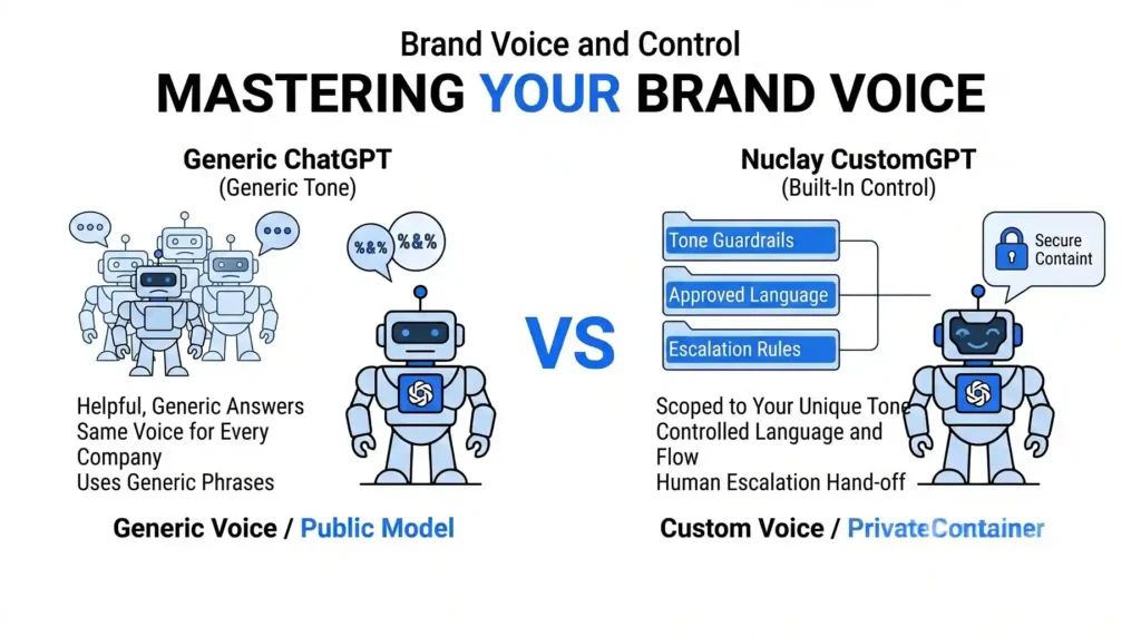 Comparison graphic showing Generic ChatGPT using the same generic tone for every company vs. Nuclay CustomGPT using tone guardrails and approved language in a secure private container.
