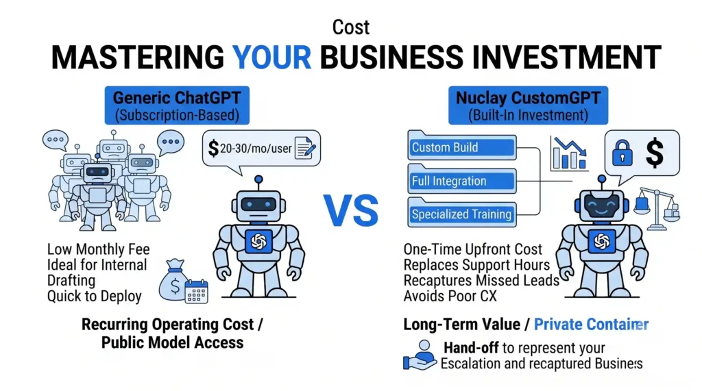 Comparison graphic showing Generic ChatGPT as a $20-30/mo/user recurring subscription vs. Nuclay CustomGPT as a one-time investment that replaces support hours and recaptures missed leads.