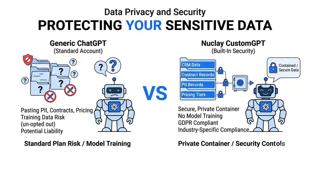 Comparison graphic showing Generic ChatGPT's standard account risk with PII and training data vs. Nuclay CustomGPT's secure private container with GDPR and industry compliance.