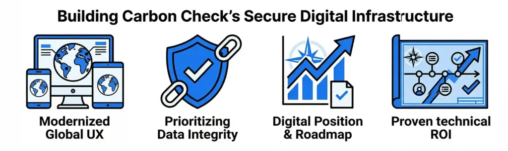 A technical infographic titled "Building Carbon Check’s Secure Digital Infrastructure" featuring four blue-themed icons representing Modernized Global UX, Prioritizing Data Integrity, Digital Position & Roadmap, and Proven Technical ROI.