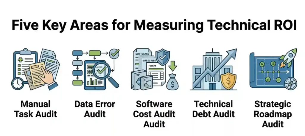 A horizontal infographic titled "Five Key Areas for Measuring Technical ROI" featuring five blue and black vector icons. The icons represent a Manual Task Audit, Data Error Audit, Software Cost Audit, Technical Debt Audit, and Strategic Roadmap Audit, each with a bold label beneath it.