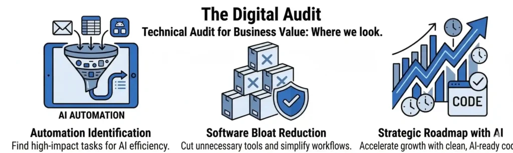 A horizontal banner titled "The Digital Audit" with three large icons. From left to right: an "AI Automation" data funnel, a "Software Bloat Reduction" shield with stacked boxes, and a "Strategic Roadmap" featuring a rising bar graph and a "CODE" window. Each includes a crisp title and a one-line benefit