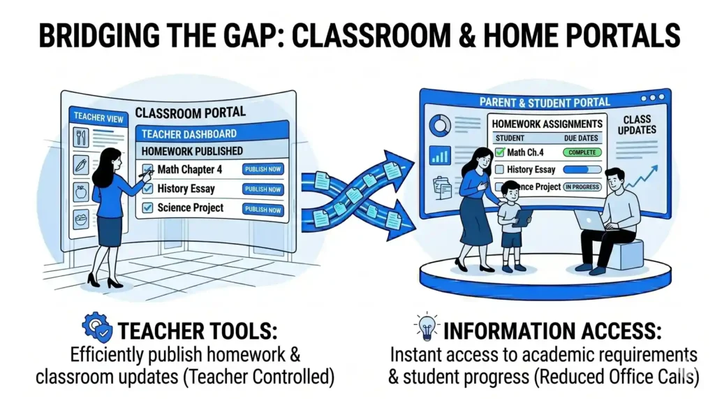 An infographic showing a teacher publishing homework on a Classroom Portal that syncs to a Parent & Student Portal for instant progress tracking.