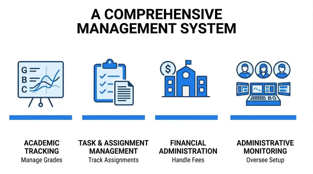 A horizontal infographic titled "A COMPREHENSIVE MANAGEMENT SYSTEM" on a white background. It features four perfectly aligned blue and black vector icons: a line graph for Academic Tracking, a checklist for Task Management, a school building with a dollar sign for Financial Administration, and an admin workstation for Administrative Monitoring. Each icon sits above a blue horizontal divider with a brief descriptive label below it.