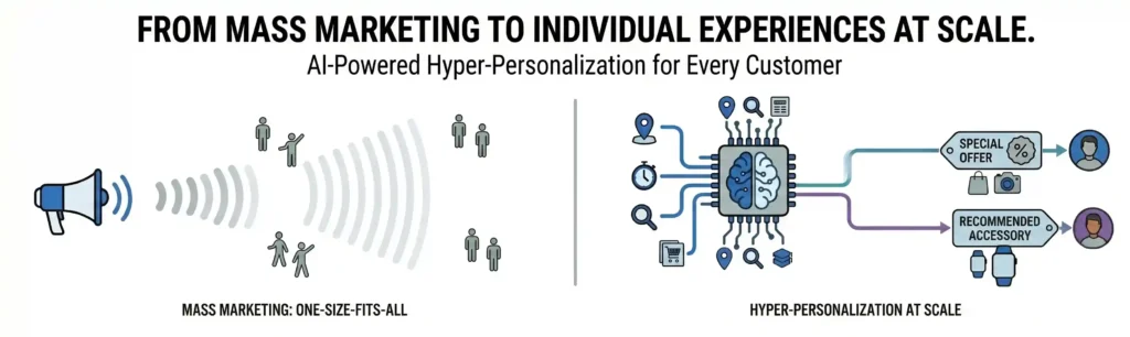A minimalist horizontal vector banner on a white background, contrasting 'Mass Marketing: One-Size-Fits-All' (left, simple grey figures and a megaphone broadcast) and 'Hyper-Personalization at Scale' (right, complex data-connected AI brain and diverse user outcomes), with clear headings.