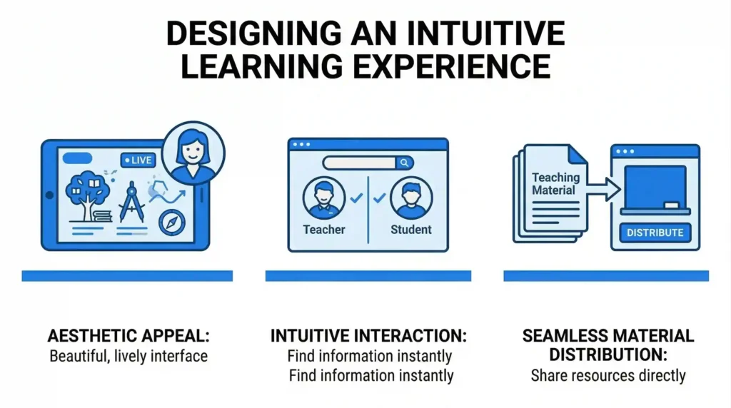A horizontal graphic titled "DESIGNING AN INTUITIVE LEARNING EXPERIENCE." The image displays three main vector illustrations in shades of vivid blue: a tablet showing a lively educational interface (Aesthetic Appeal), a simplified browser window showing teacher and student profiles (Intuitive Interaction), and a document being shared with a laptop (Seamless Material Distribution). The design is minimal, clean, and centered on a white background.