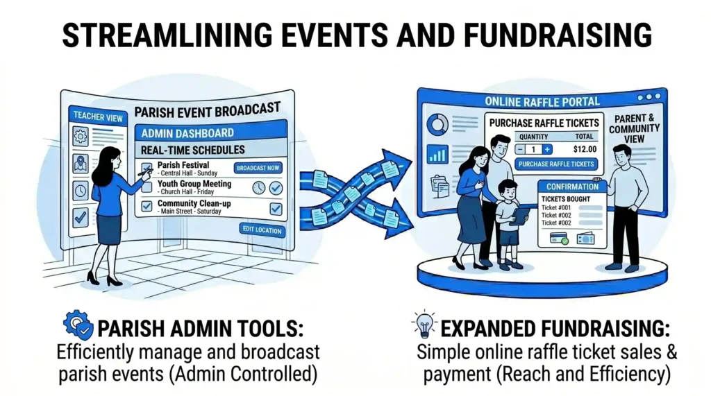 An infographic showing an admin dashboard broadcasting parish events to an online portal where community members can purchase raffle tickets and receive digital confirmations.