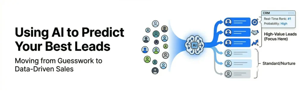 A wide graphic titled "Using AI to Predict Your Best Leads: Moving from Guesswork to Data-Driven Sales." It features a visual flow where a large, diverse group of lead icons passes through a glowing AI brain funnel. The AI categorizes them into two distinct groups: "High-Value Leads (Focus Here)," which are highlighted in vibrant blue with real-time CRM rankings and high probability scores, and "Standard/Nurture" leads, which are shown in faded grey at the bottom.