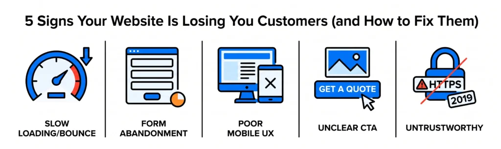 Infographic titled "5 Signs Your Website Is Losing You Customers (and How to Fix Them)" summarizing five icons in a row: slow loading and high bounce rate, form abandonment, poor mobile UX, unclear call-to-action, and untrustworthy design signals like missing HTTPS and outdated 2019 copyright.