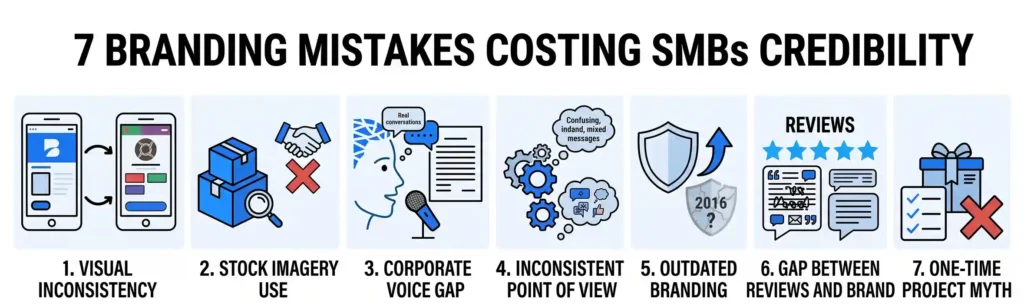 Minimalist infographic highlighting seven SMB branding mistakes including visual inconsistency, stock photo reliance, generic corporate tone, outdated design, and review discrepancies using blue and white vector icons.