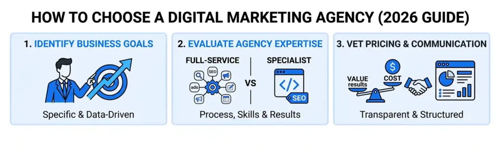 Infographic outlining 3 steps to choose a digital marketing agency: identifying goals, evaluating expertise, and vetting pricing and communication.