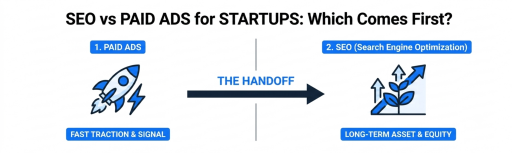 Diagram comparing startup marketing channels, showing paid ads for fast initial traction transitioned into SEO for long-term compound growth.