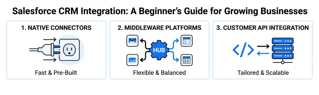 Minimalist diagram showing three main Salesforce integration methods: Native Connectors (fast & pre-built), Middleware Platforms (flexible & balanced), and Custom API Integration (tailored & scalable).