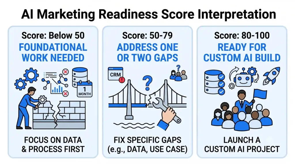 Infographic showing AI marketing readiness score interpretation across three tiers: below 50 needs foundational data and process work, 50-79 requires fixing specific gaps like data or use case, and 80-100 is ready to launch a custom AI project.