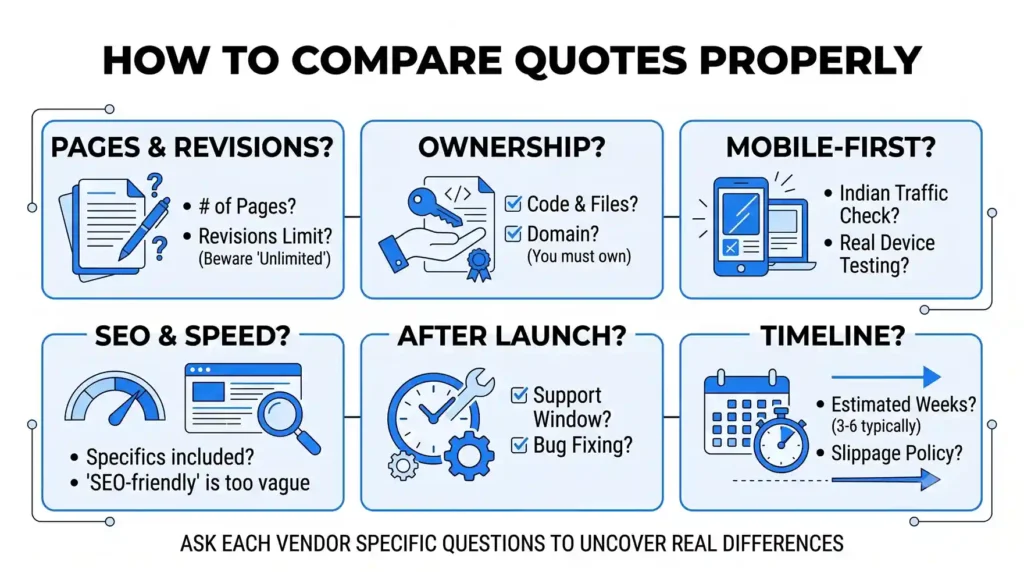 Checklist of six questions to ask web developers when comparing website quotes: pages and revisions, ownership, mobile-first, SEO and speed, after-launch support, and timeline