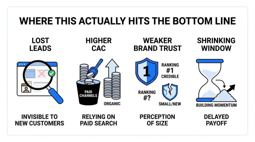 Infographic titled "Where This Actually Hits the Bottom Line," showing four consequences of ignoring SEO: lost leads (invisible to new customers), higher customer acquisition cost (reliance on paid search over organic), weaker brand trust (top rankings signal credibility vs. small/unranked sites), and a shrinking window (delayed payoff from lost momentum).