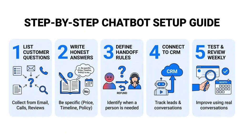 Step-by-step 5-stage setup guide diagram for implementing a small business AI chatbot.