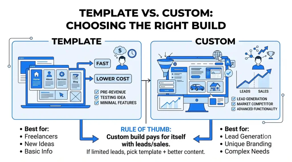 Comparison of template and custom website builds, showing template is faster and cheaper for new ideas while custom suits lead generation and complex needs