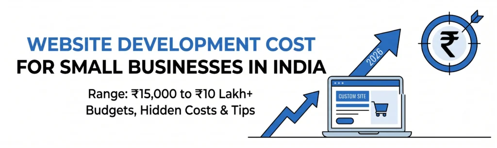 Banner showing website development cost for small businesses in India in 2026, ranging from ₹15,000 to ₹10 lakh+